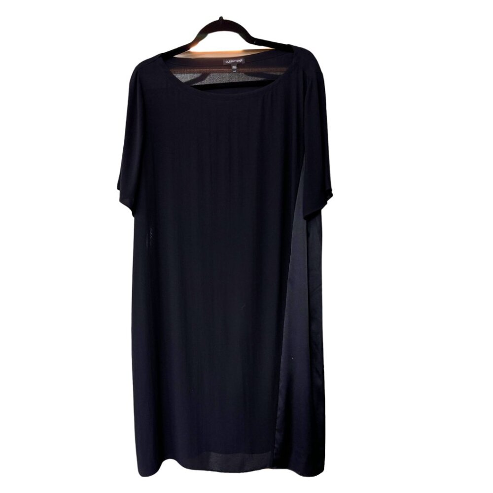 Eileen Fisher Silk Short Sleeve Black Dress with Diagonal Stripe - Size Large
